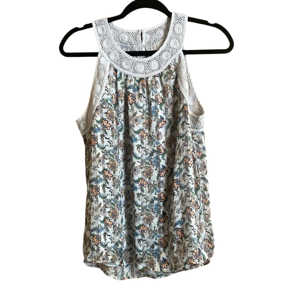 Pale Sky Sleeveless Blouse Floral Crochet Edge Medium